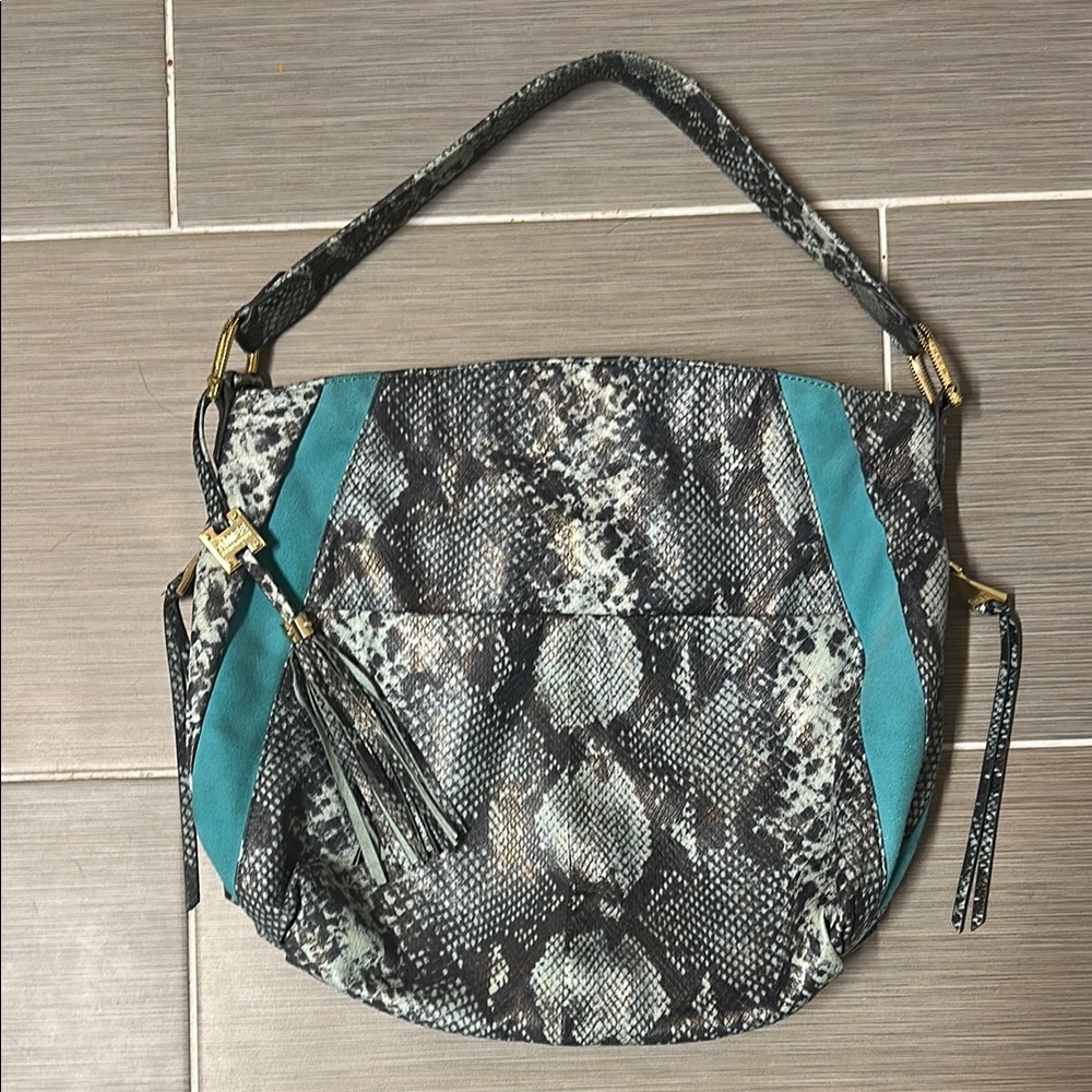 Stylish Snake Print Shoulder Bag with Teal Accents by Aimee Kestenberg